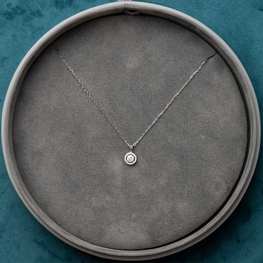 Stellare - Brilliant Round 0.5ct Lab Grown Moissanite / Diamond Surrounded by Halo in 18ct Gold Pendant