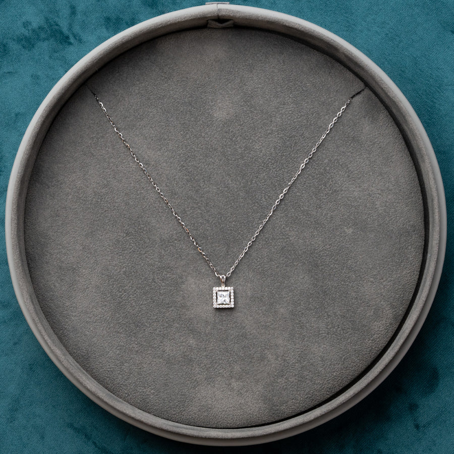 Quadrellum - Brilliant Square with Halo Lab Grown Moissanite / Diamond 18ct Gold Pendant